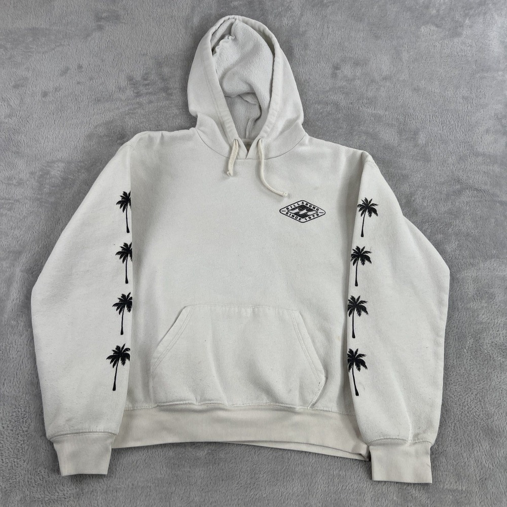 Billabong Hoodie M White Palm Tree Graphic Surf Skate Fleece Pullover Beach